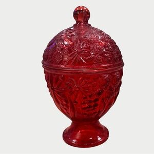 Vintage Avon Ruby Red Pedestal Covered Dish with Rose and Daisy Floral Pattern